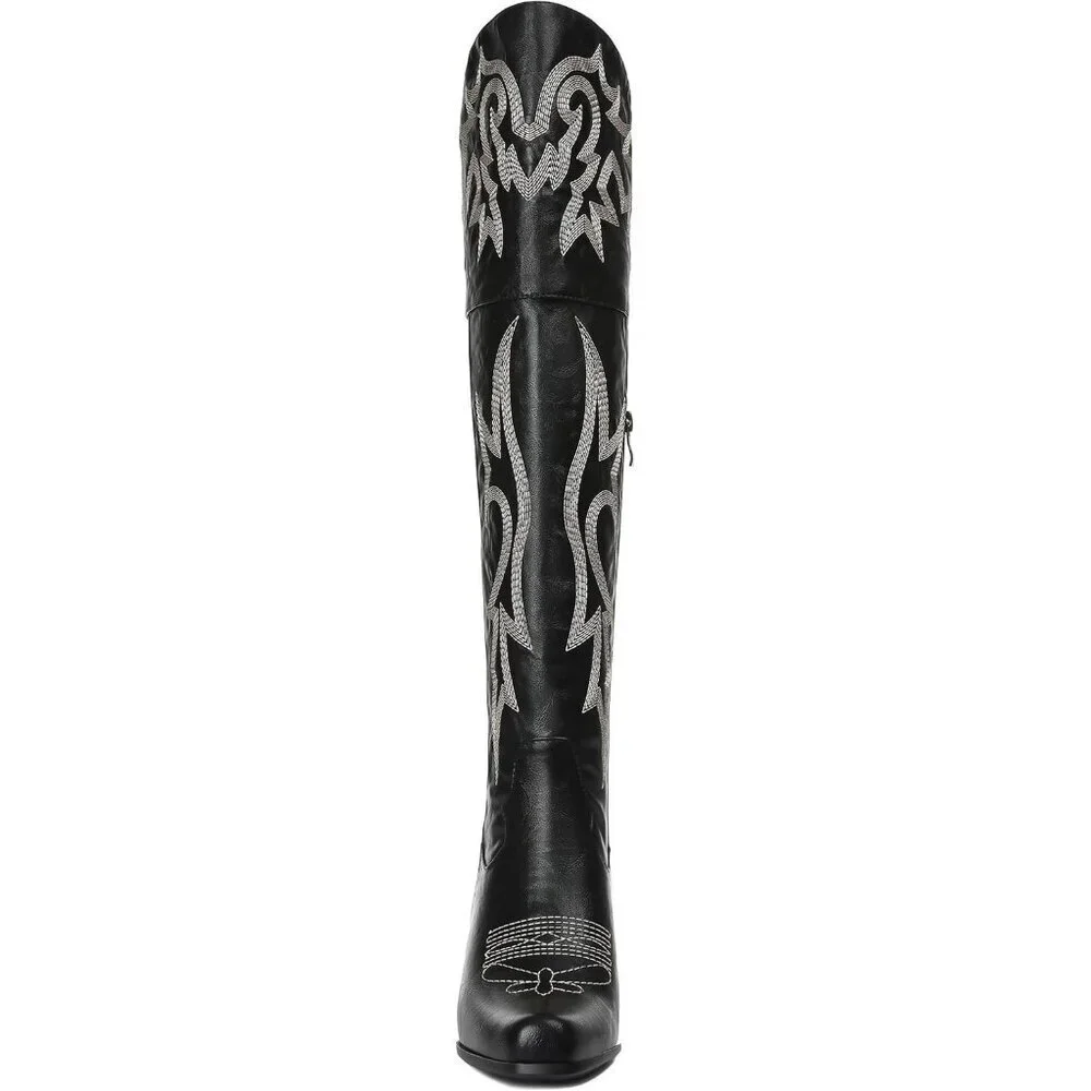 Women Black Pu Polyurethane Thigh High Embroidered Pointed Toe Chunky Heels Boot